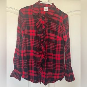 Cabi, red plaid ruffle lodge top, XS